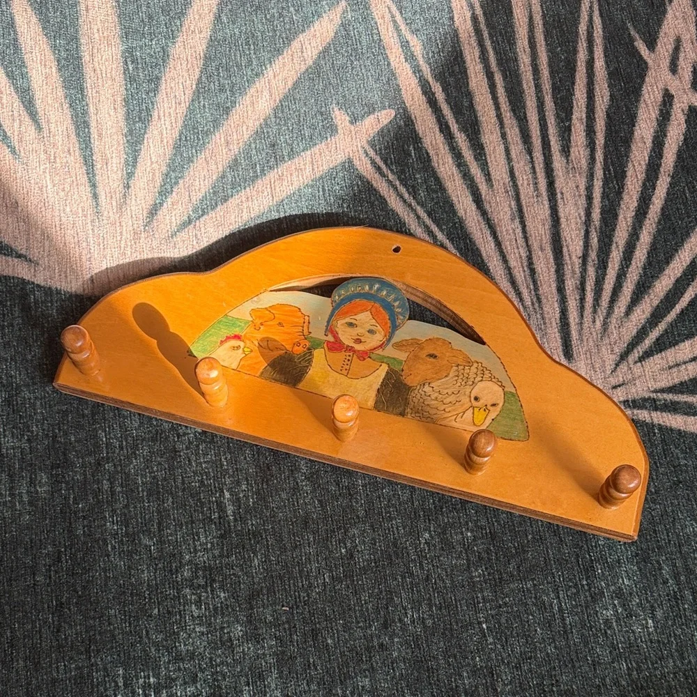 Vintage Charming Folk Art Wooden Wall Hook, wood, handmade